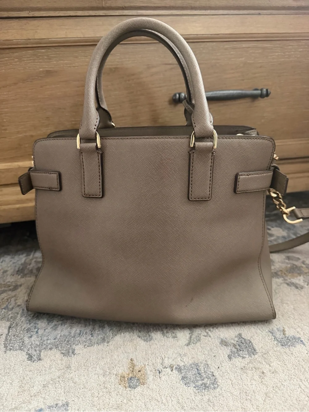 Michael Kors Taupe Saffiano Satchel with Gold Chain Accents
